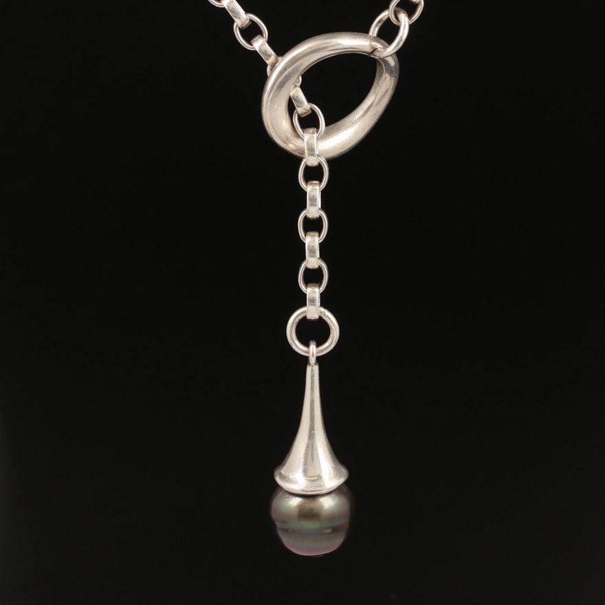 Robert Lee Moris Sterling Silver Pearl Lariat Necklace