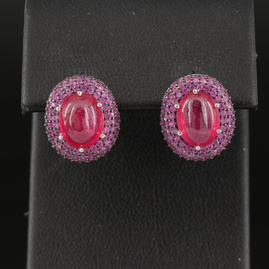 Sterling Silver Corundum and Pavé Pink Sapphire Halo Earrings