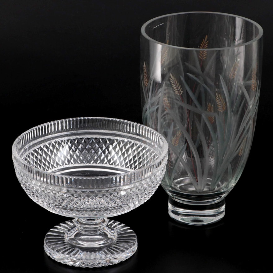Waterford Crystal Giftware Footed Bowl and Hand-Etched and Painted Foxtails Vase
