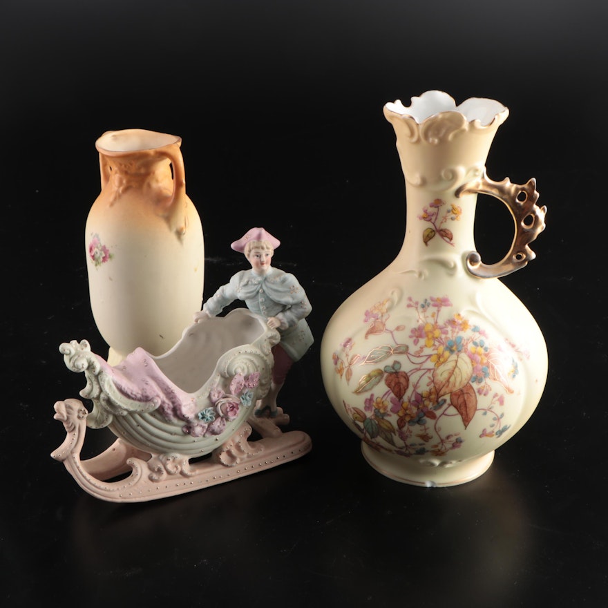 Ceramic Vases and Figural Bisque Vase, Early to Mid 20th Century