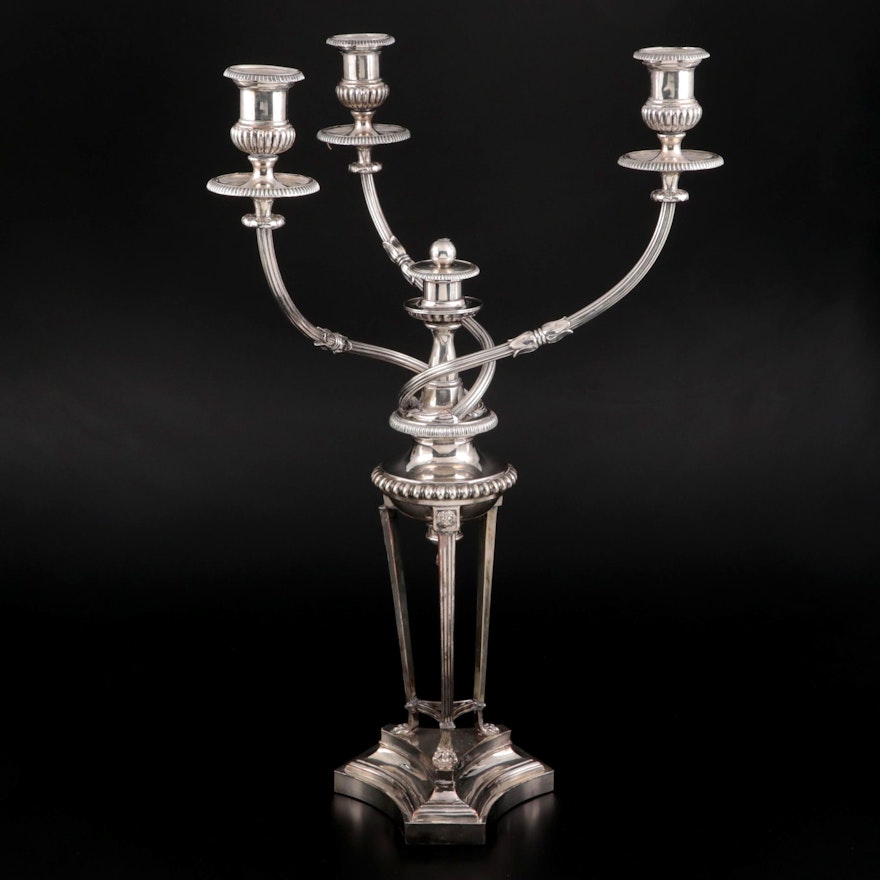 Old Sheffield Plate Three-Light Candelabra with Lion Footed Stand
