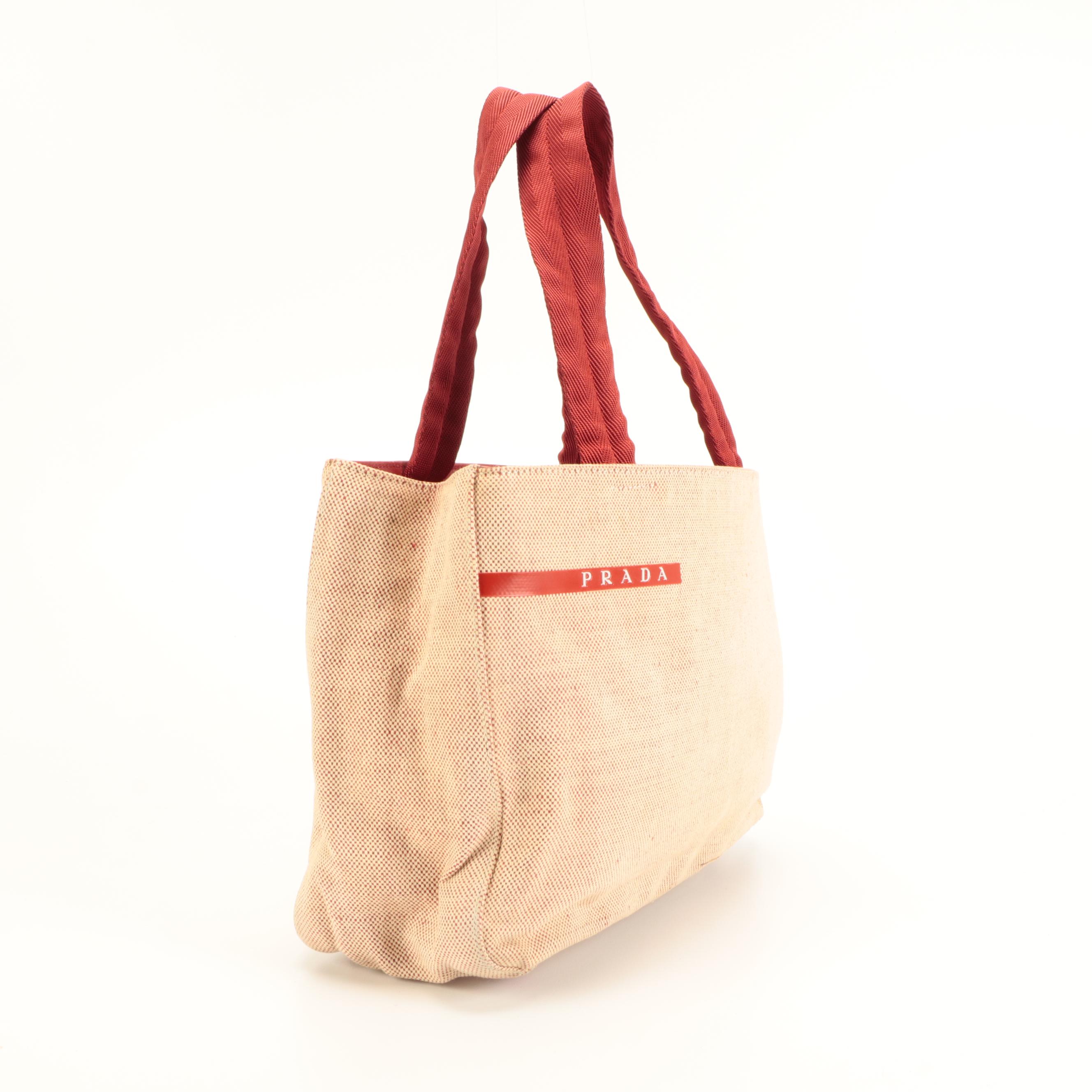 Prada Linea Rossa Tote in Beige and Red Canvas