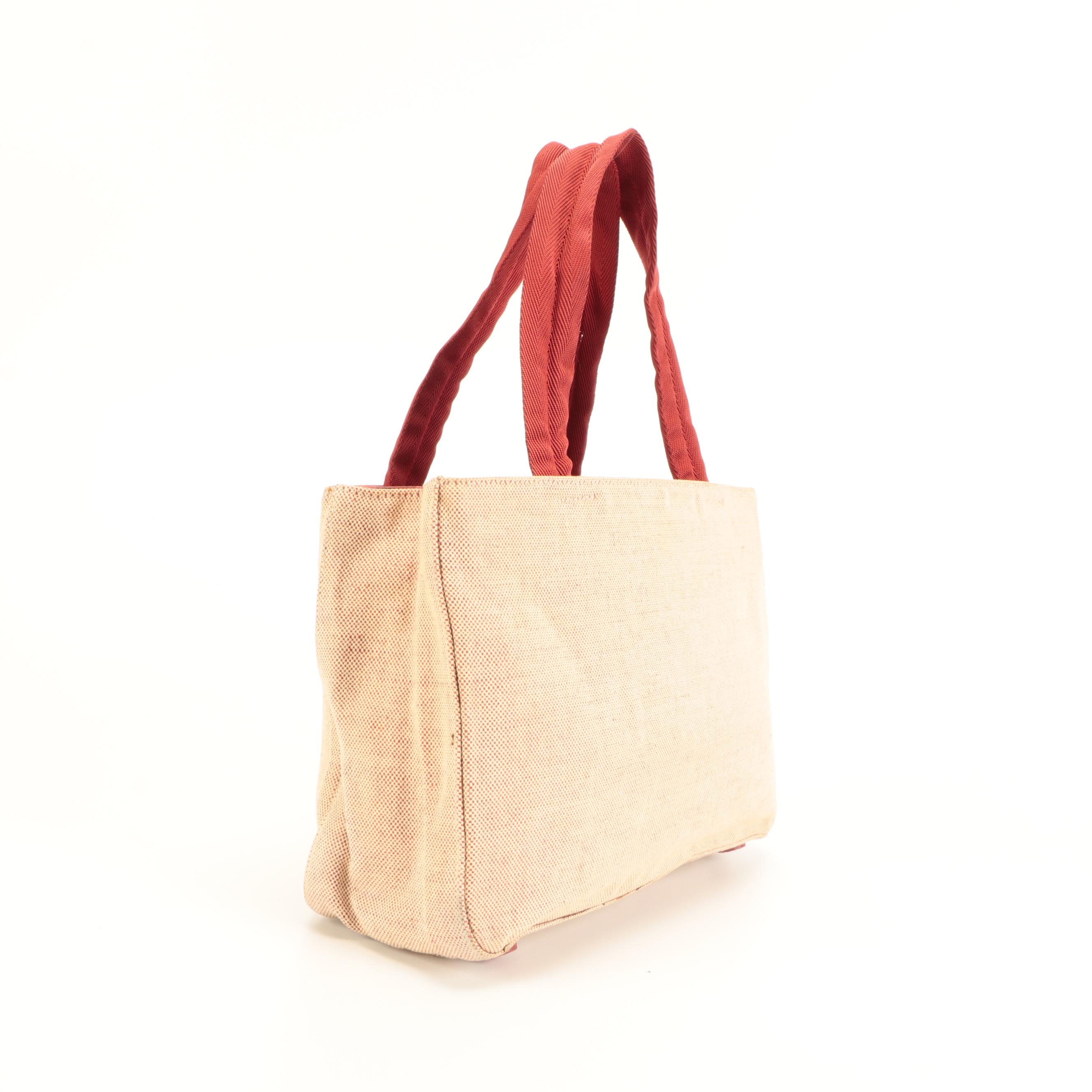 Prada Linea Rossa Tote in Beige and Red Canvas