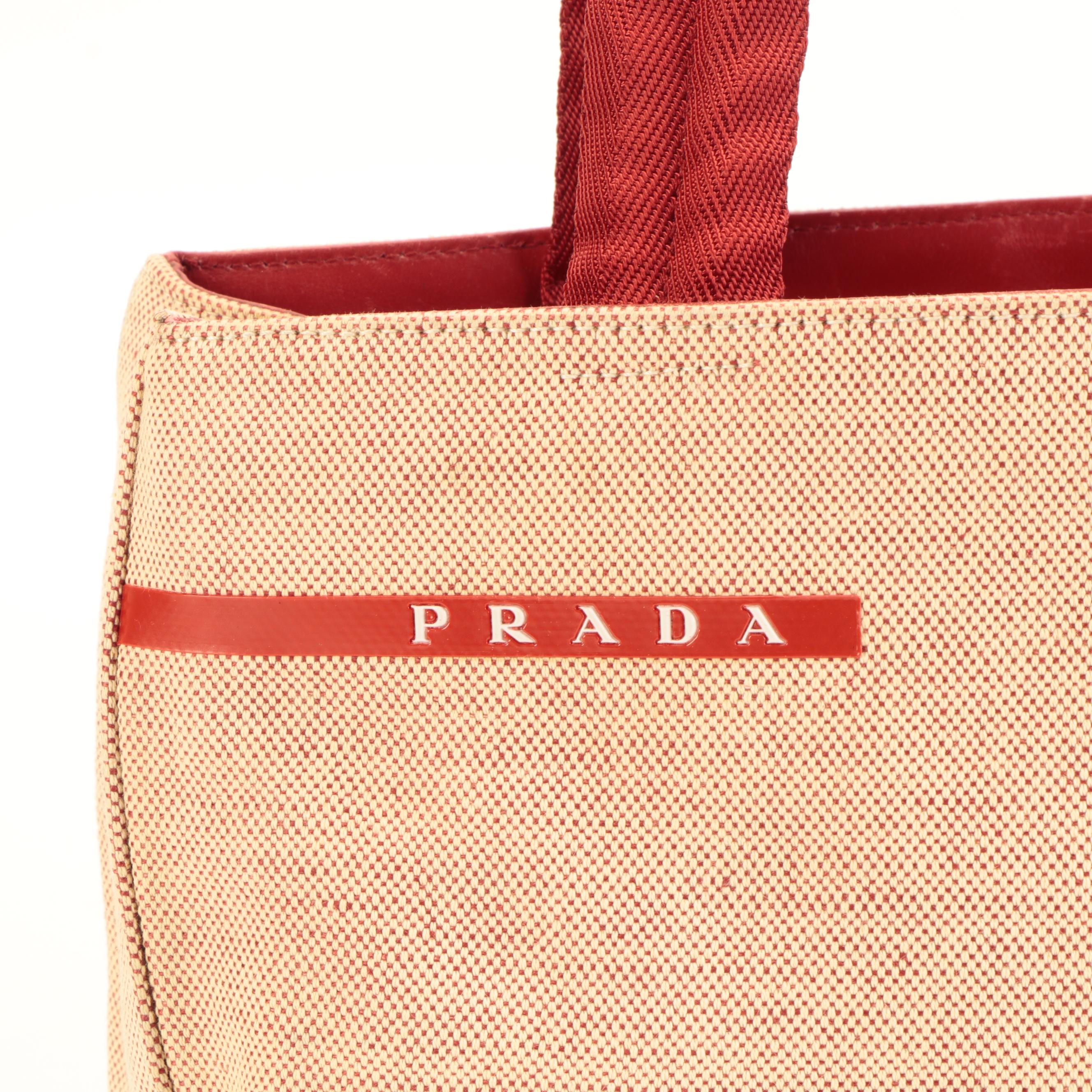 Prada Linea Rossa Tote in Beige and Red Canvas