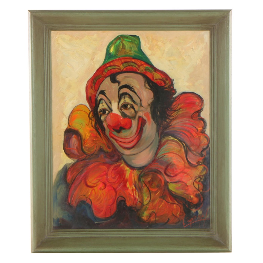 Louis Spiegel Clown Portrait Oil Painting, Mid-Late 20th Century