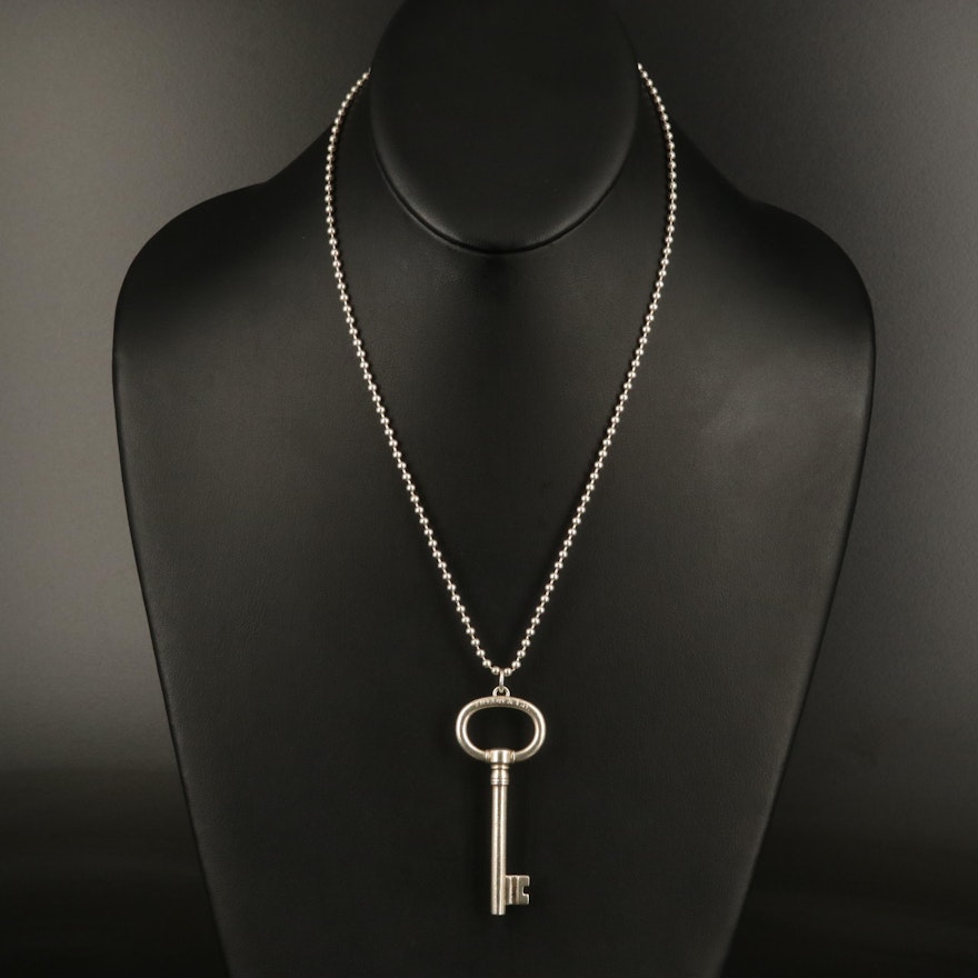 Tiffany & Co. Sterling Key Pendant on Bead Chain Necklace