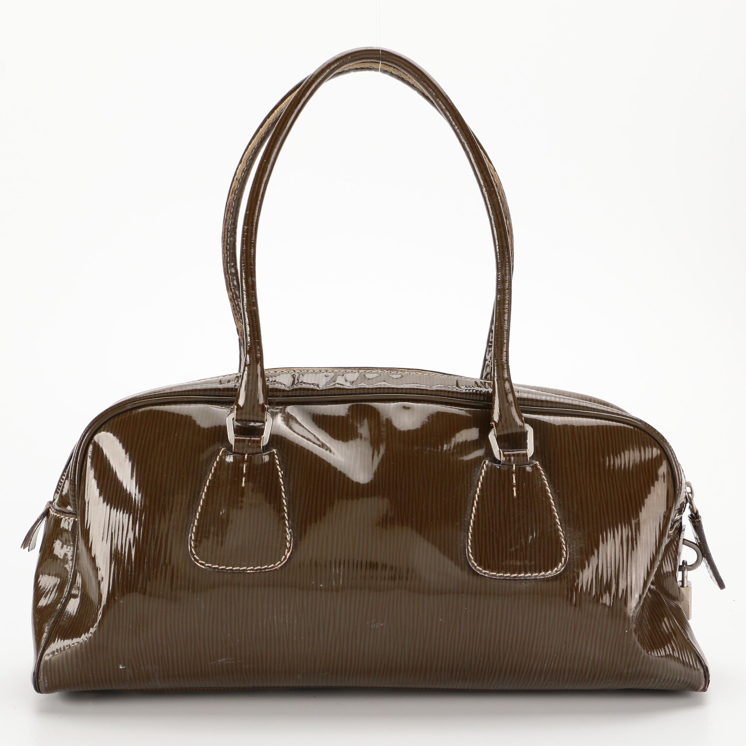 Prada Bowler Bag in Olive Embossed Patent Leather