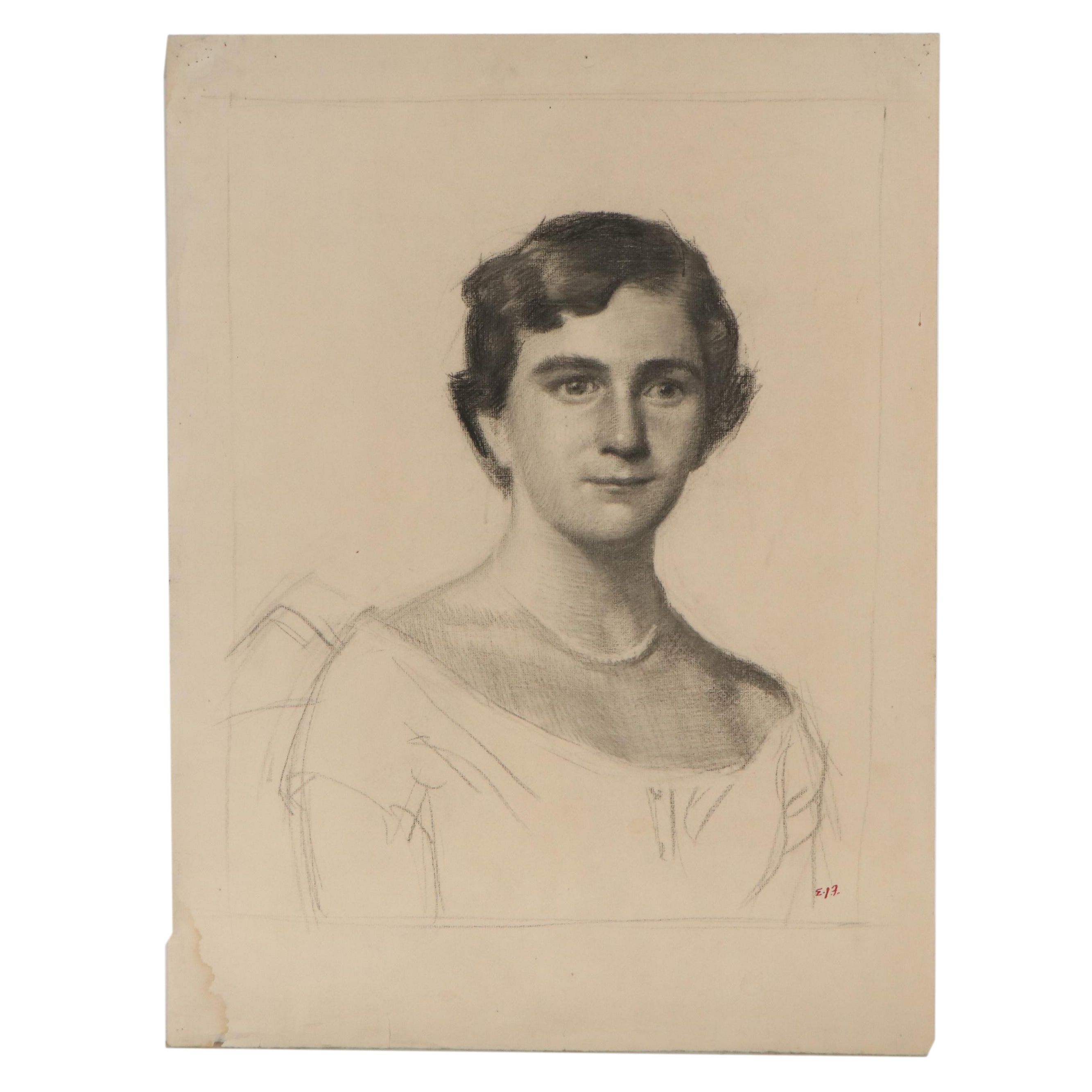 Edmond J. Fitzgerald Portrait Charcoal Drawing of Woman, Mid-20th Century