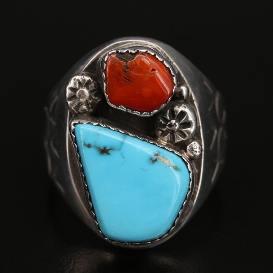 Western Style Sterling Turquoise and Coral Stampwork Ring