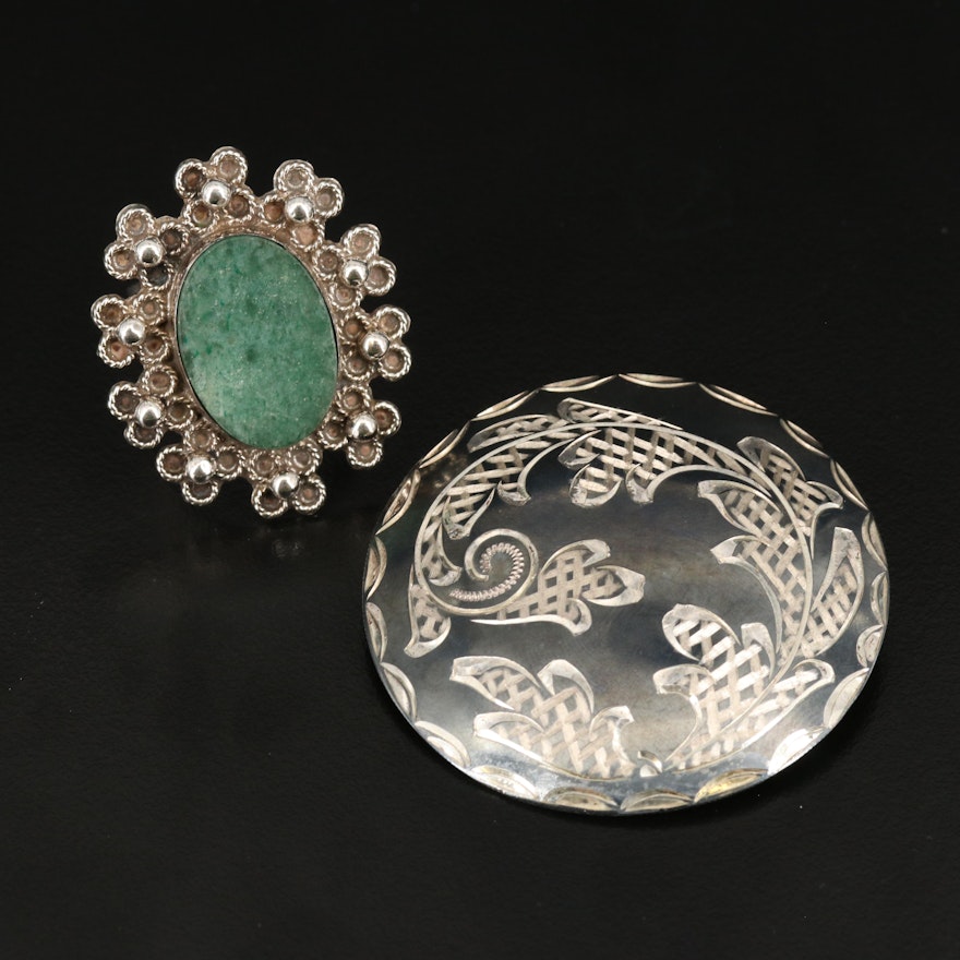 Vintage Mexican Sterling Aventurine and Quartz Converter Brooch and Ring