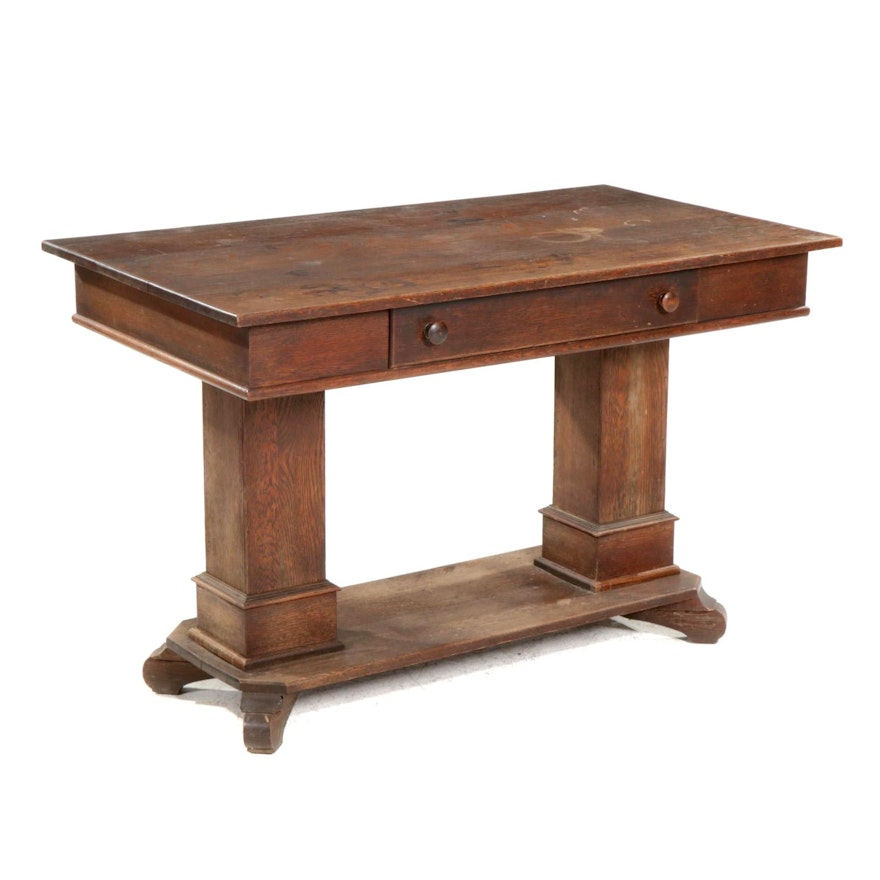 Empire Revival Oak Single-Drawer Library Table, Early 20th Century