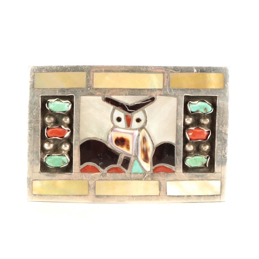 Filbert and Clara Gasper Zuni Inlaid Sterling Silver Owl Buckle