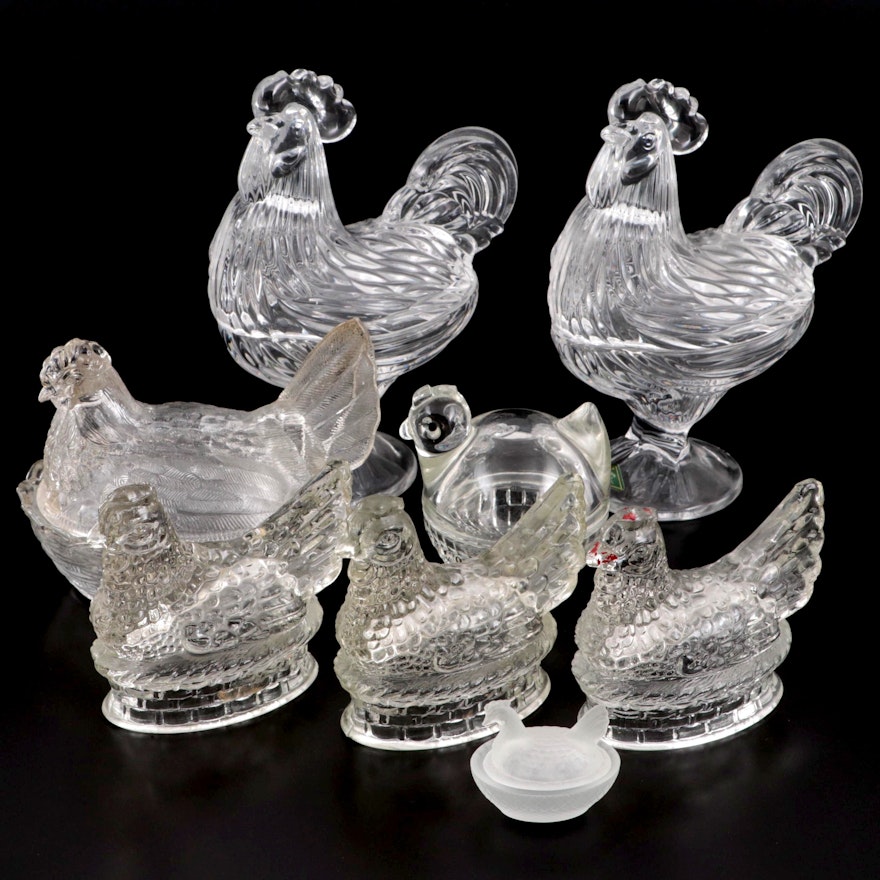 Heisey and Other Pressed Glass Hen on Nests, Shannon Crystal Rooster Candy Jars