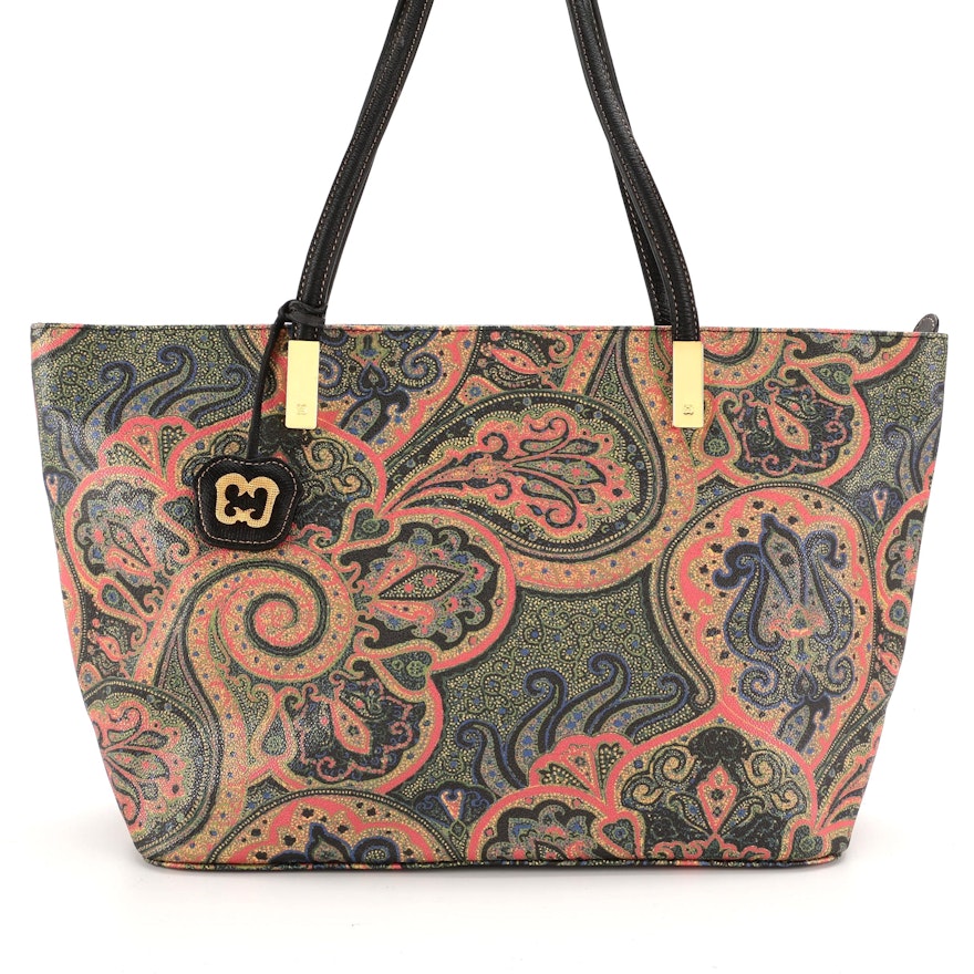 Eric Javits Paisley Coated Canvas Tote with Black Leather Trim