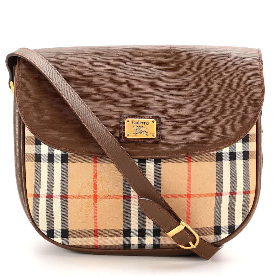 Burberry Flap Front Crossbody Bag in "Haymarket Check" and Brown Leather