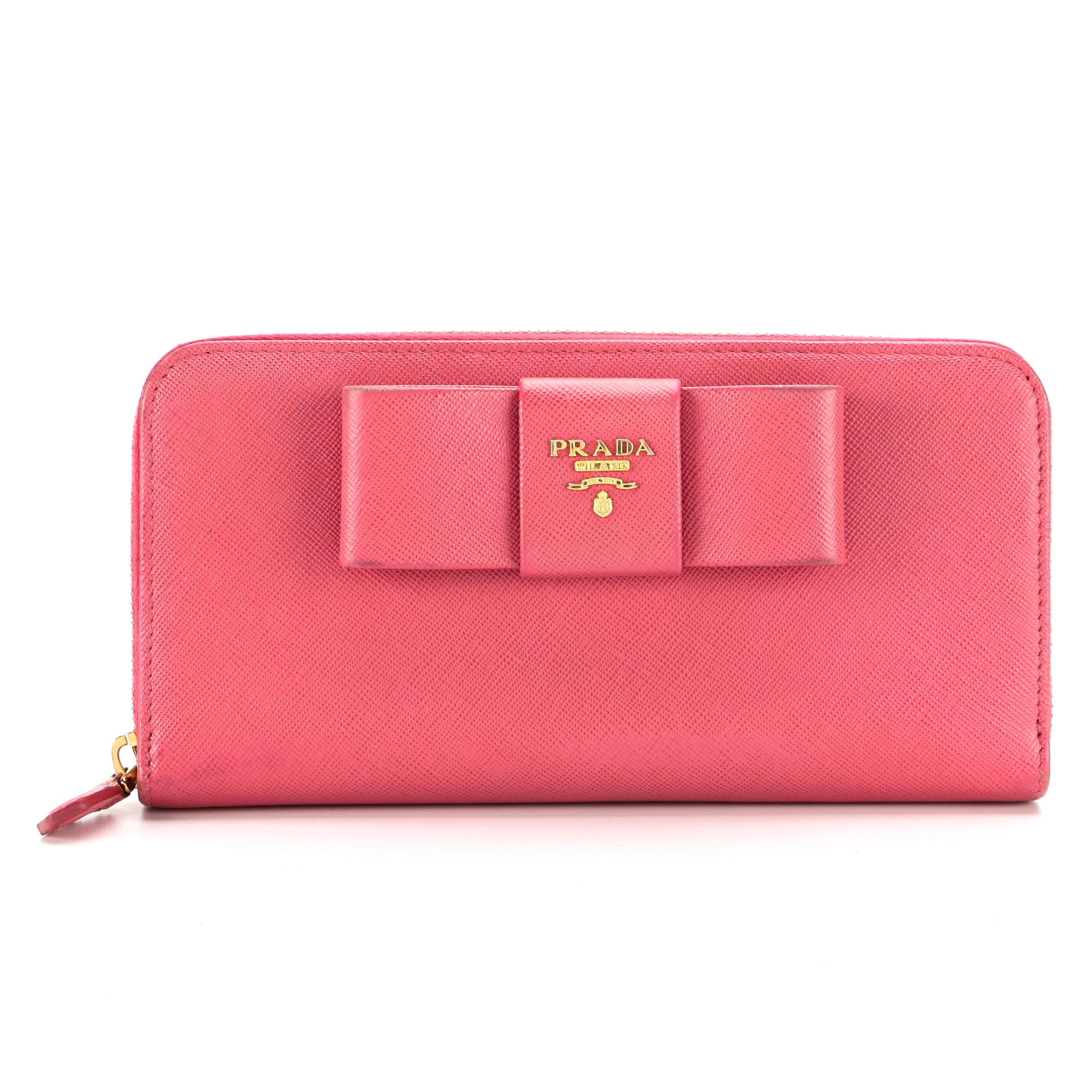 Prada Continental Bow Wallet in Peonia Saffiano Leather with Box