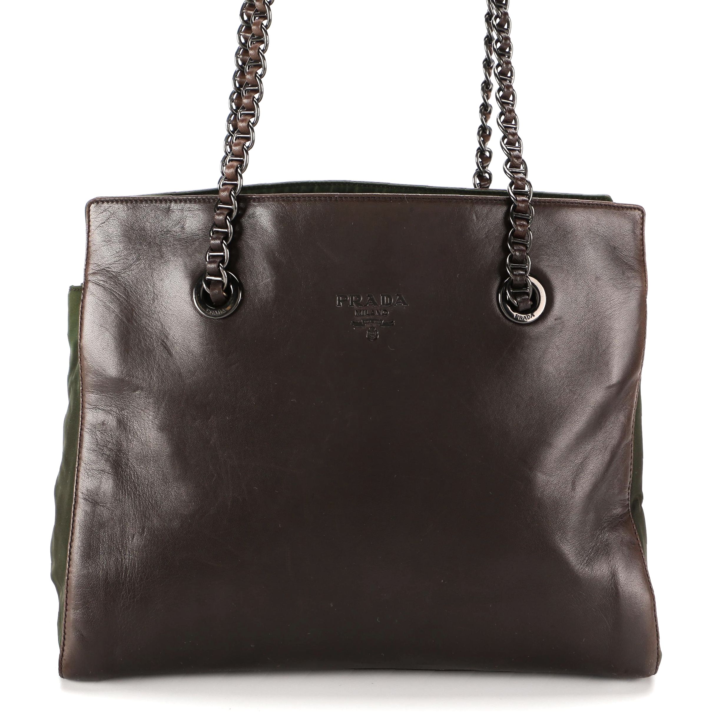 Prada Shoulder Bag in Green Tessuto Nylon and Brown Leather