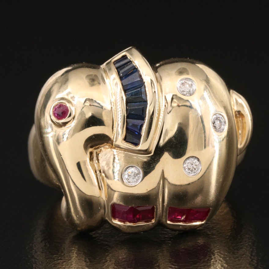 14K Sapphire, Ruby and Diamond Elephant Ring