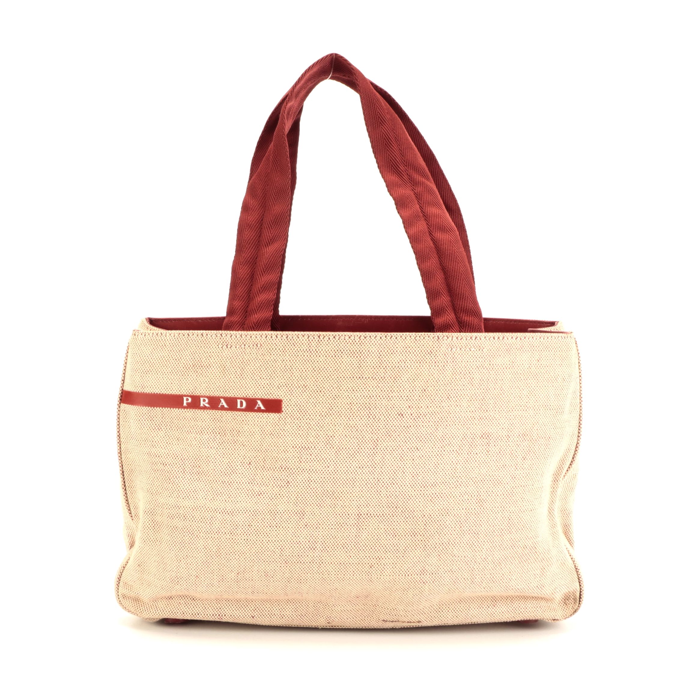 Prada Linea Rossa Tote in Beige and Red Canvas