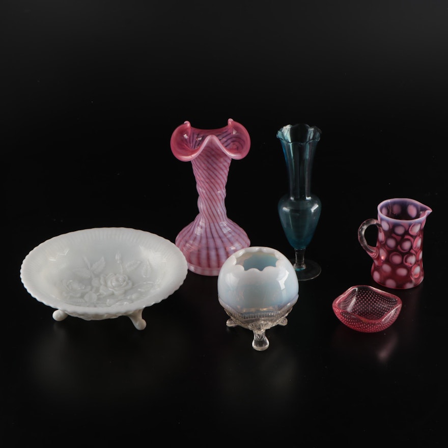 Cranberry Swirl Vase and Coin Dot Pitcher with Other Glass Tableware