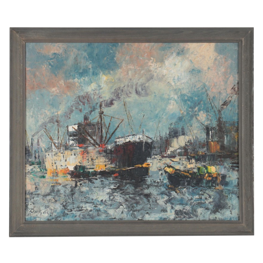 Maritime Impressionist Style Oil Painting of Boats, 1971