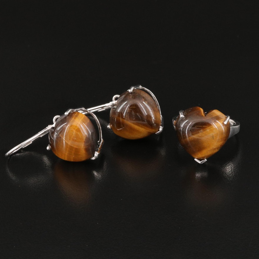 Sterling Silver Tigers Eye Quartz Heart Earrings and Ring
