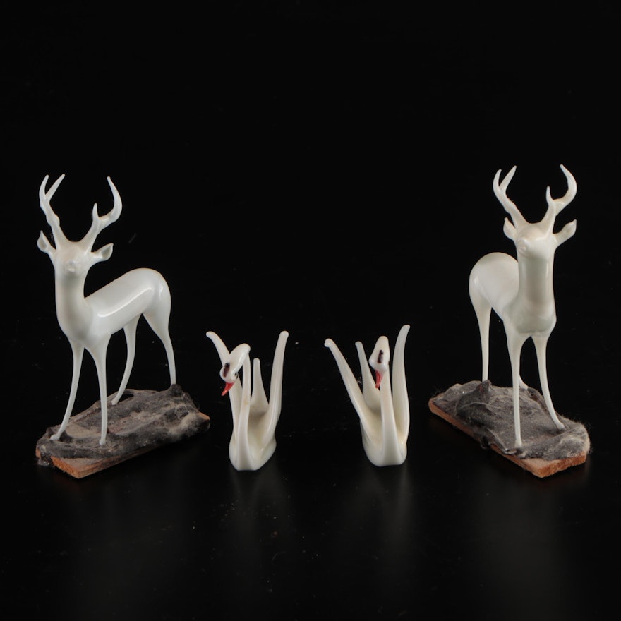 Art Glass Deer and Swan Figurines, Mid to Late 20th Century