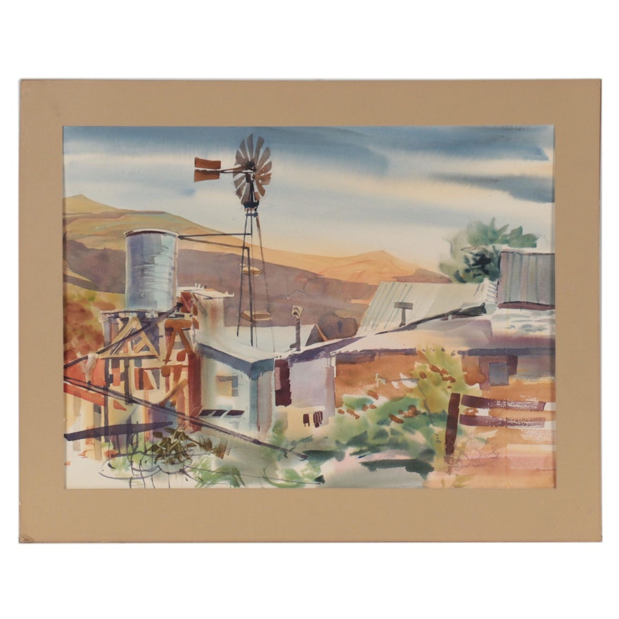 Landscape Watercolor Painting of Houses, Late 20th Century