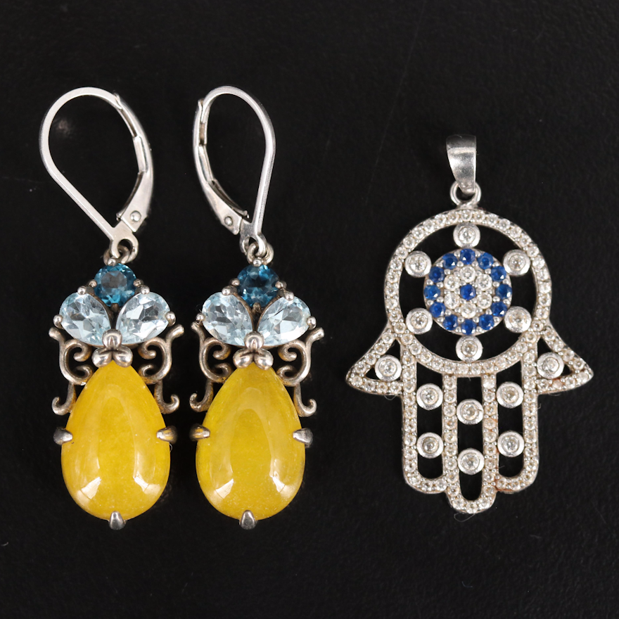 Sterling Hand of Fatima Pendant and Drop Earrings