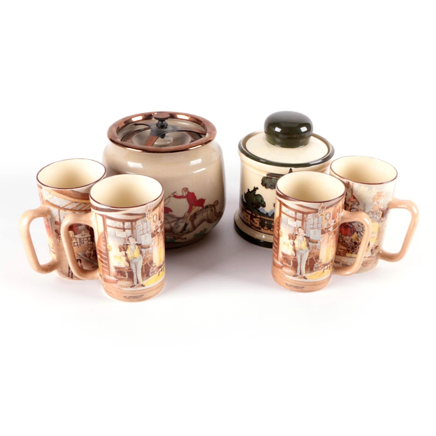 Royal Doulton and Other English Stoneware Tobacco Jars with "Oliver Twist" Mugs