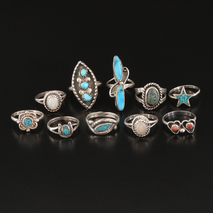 Southwestern Style Turquoise, Mother of Pearl and Coral Rings