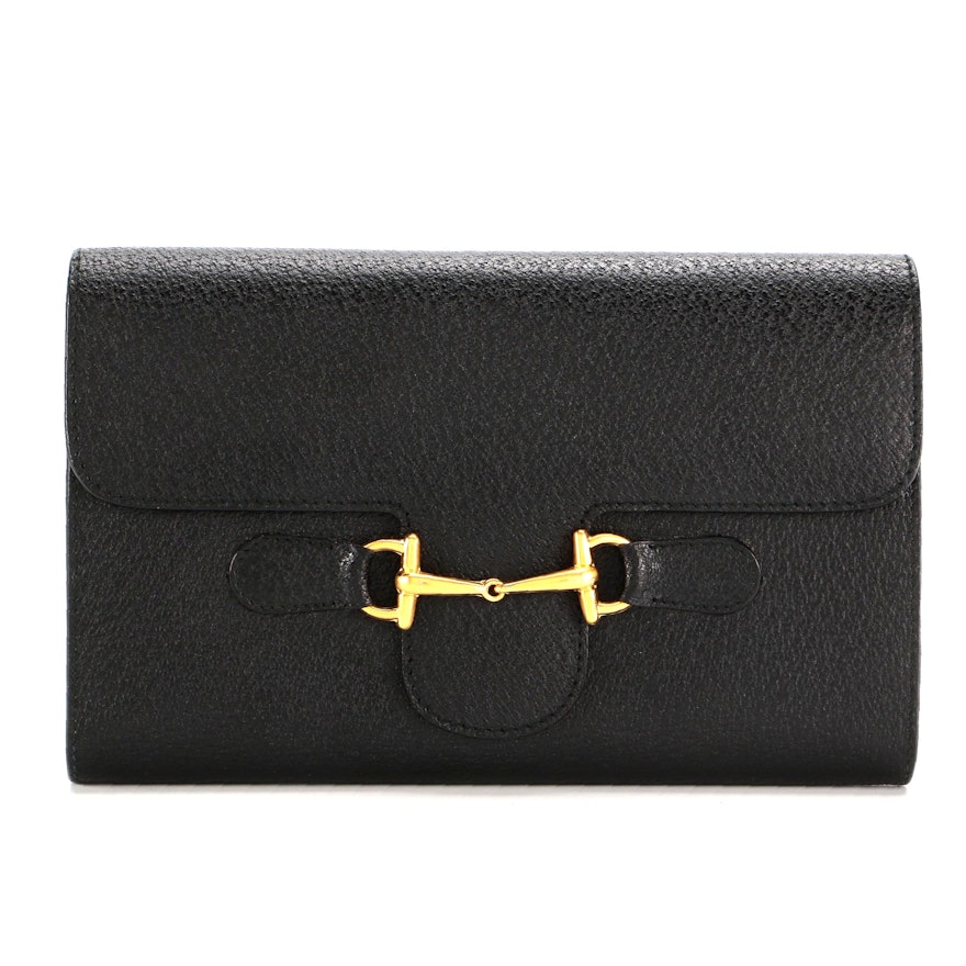 Gucci Horsebit Continental Wallet in Black Cinghiale Leather