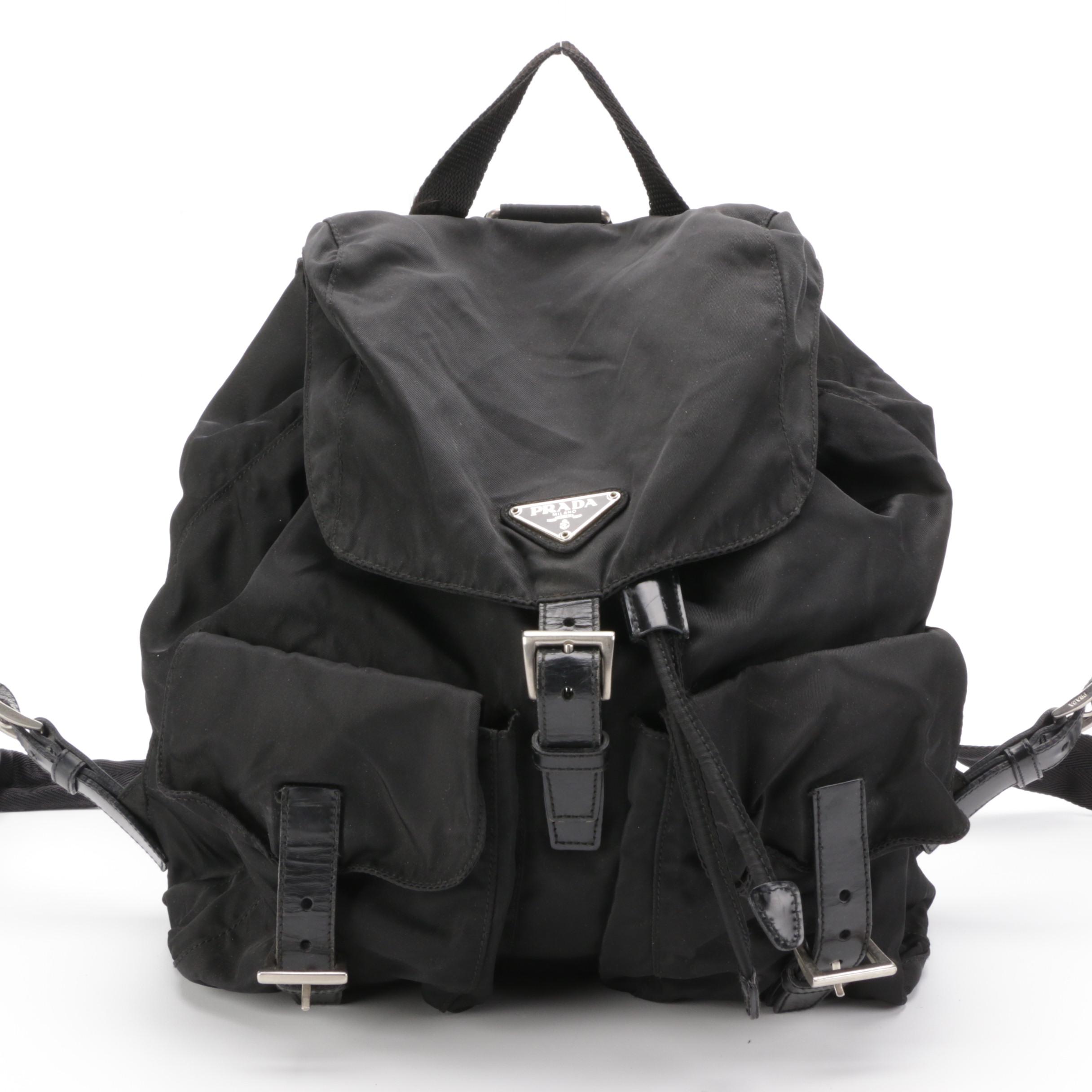 Prada Medium Black Tessuto Nylon Backpack with Leather Trim