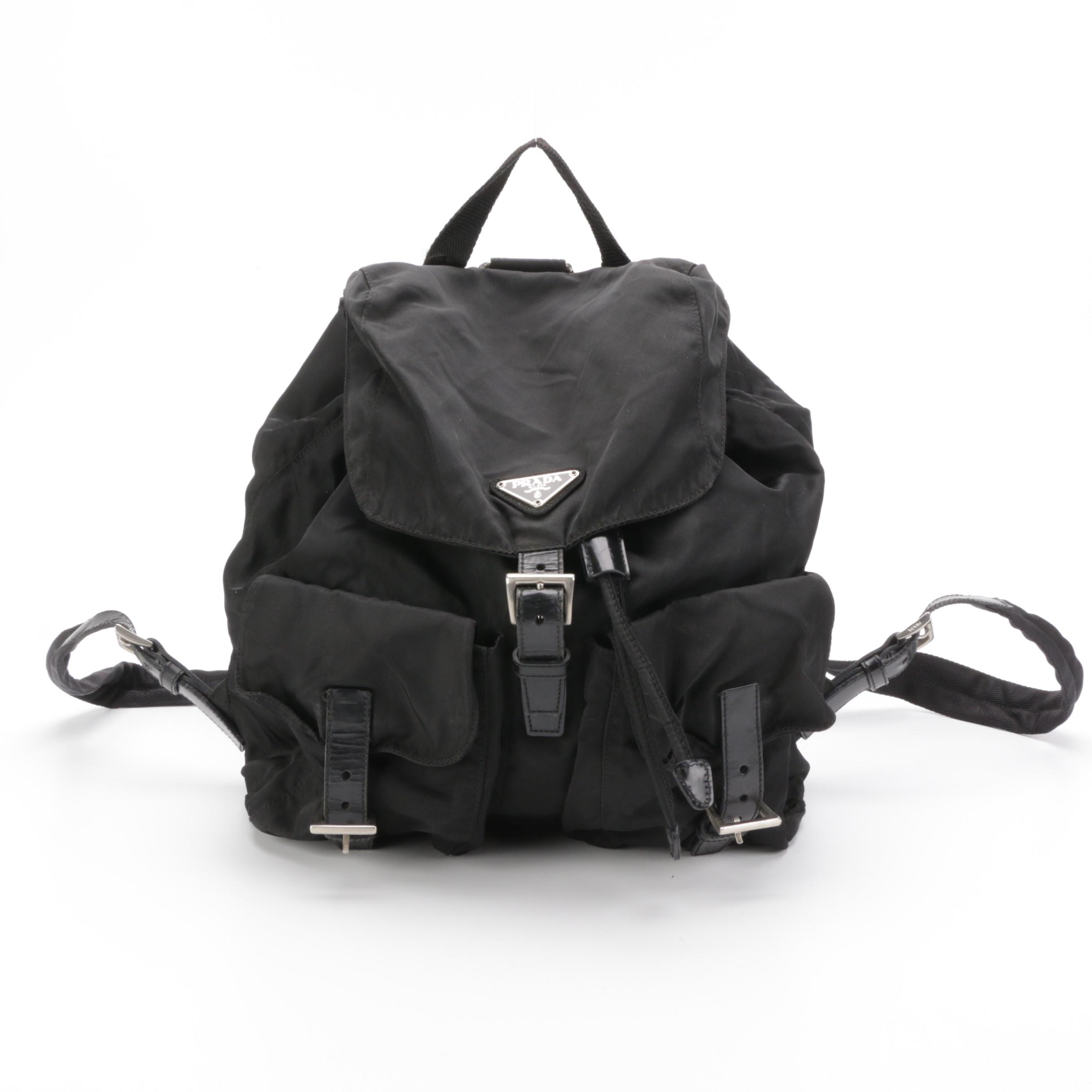 Prada Medium Black Tessuto Nylon Backpack with Leather Trim