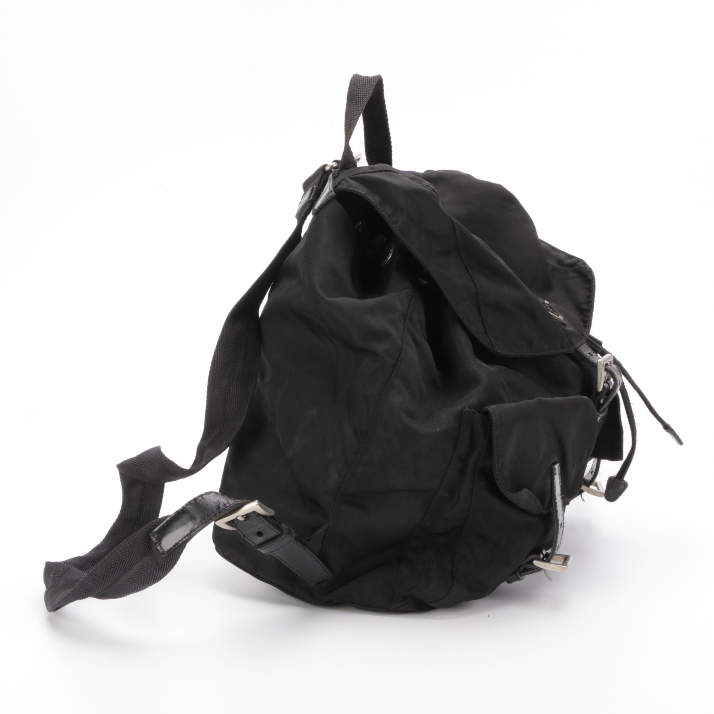 Prada Medium Black Tessuto Nylon Backpack with Leather Trim