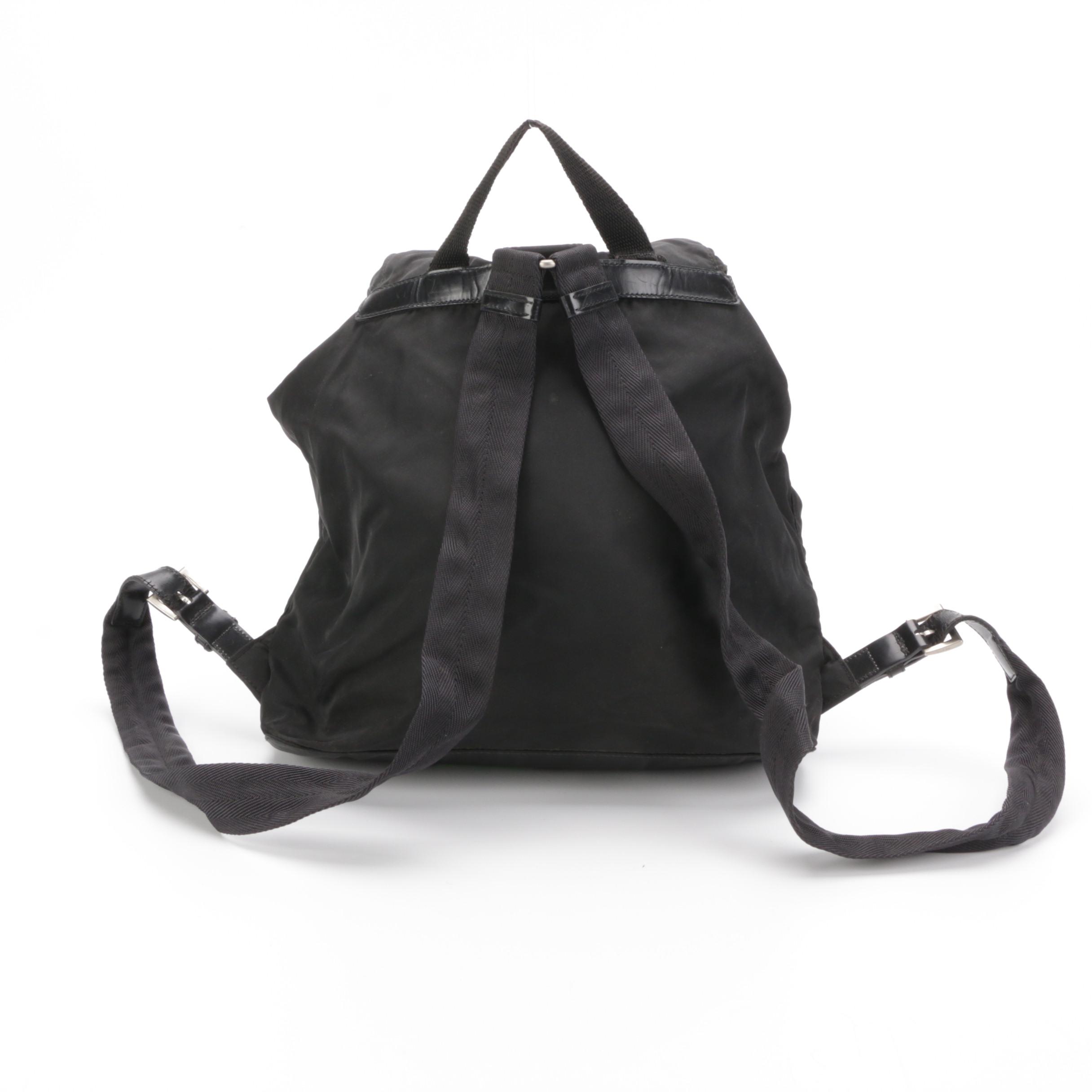 Prada Medium Black Tessuto Nylon Backpack with Leather Trim