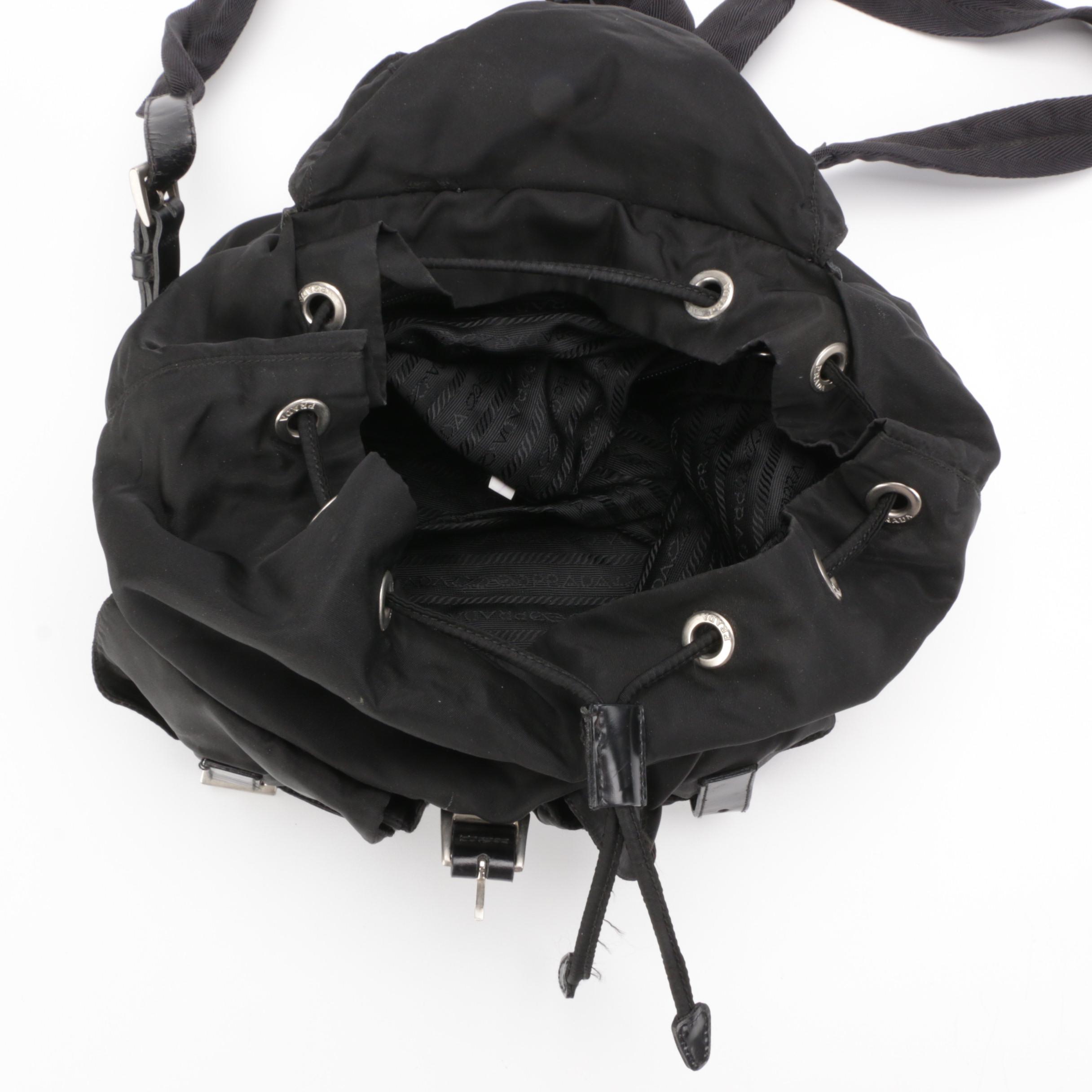 Prada Medium Black Tessuto Nylon Backpack with Leather Trim