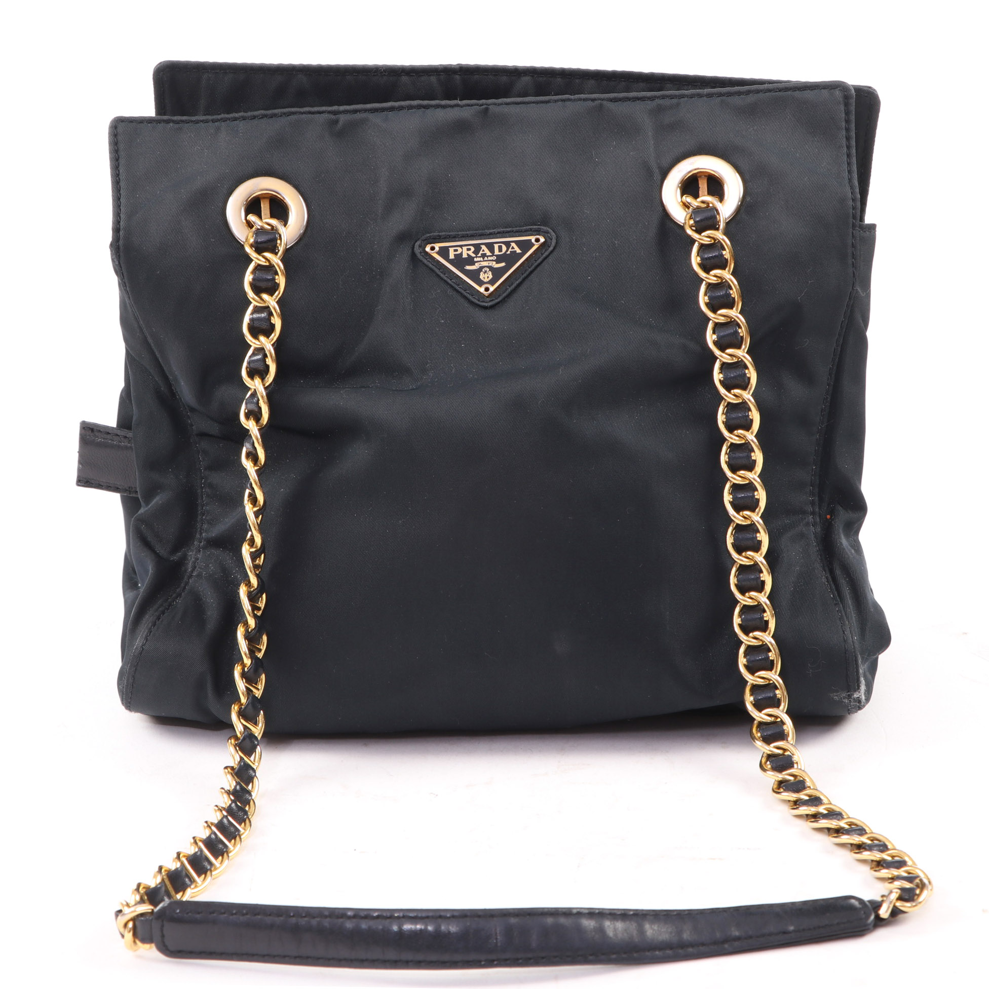 Prada Black Tessuto Nylon Chain Strap Shoulder Bag with Leather Trim