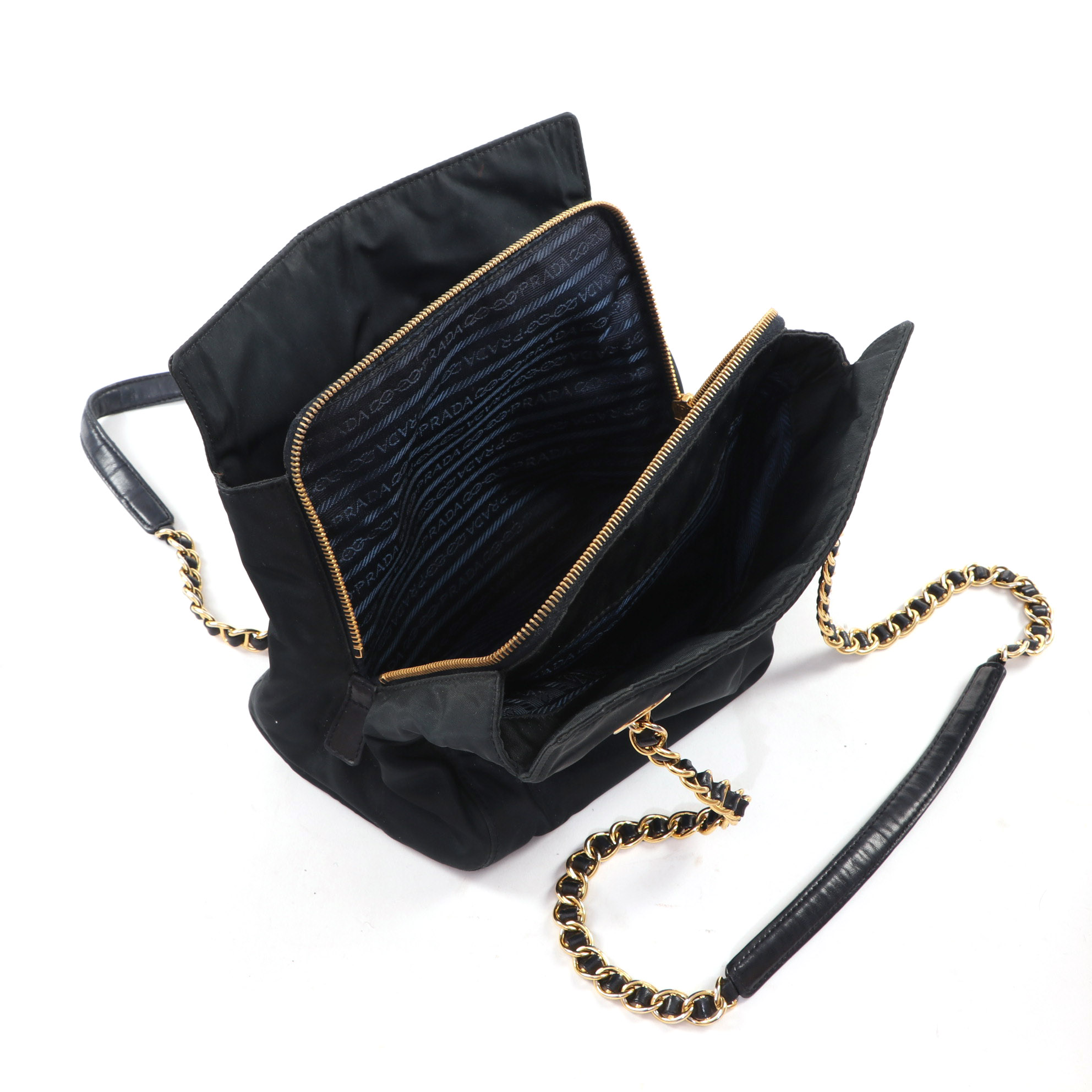 Prada Black Tessuto Nylon Chain Strap Shoulder Bag with Leather Trim