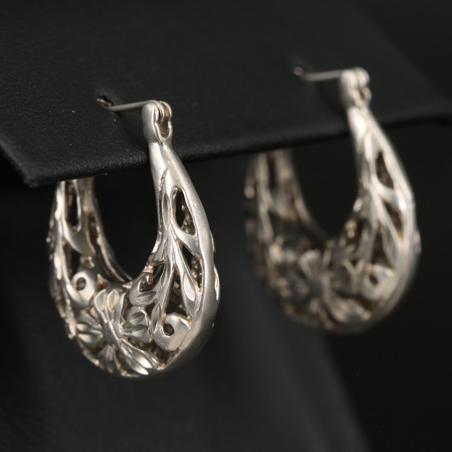 Sterling Silver Openwork Flower Hoop Earrings