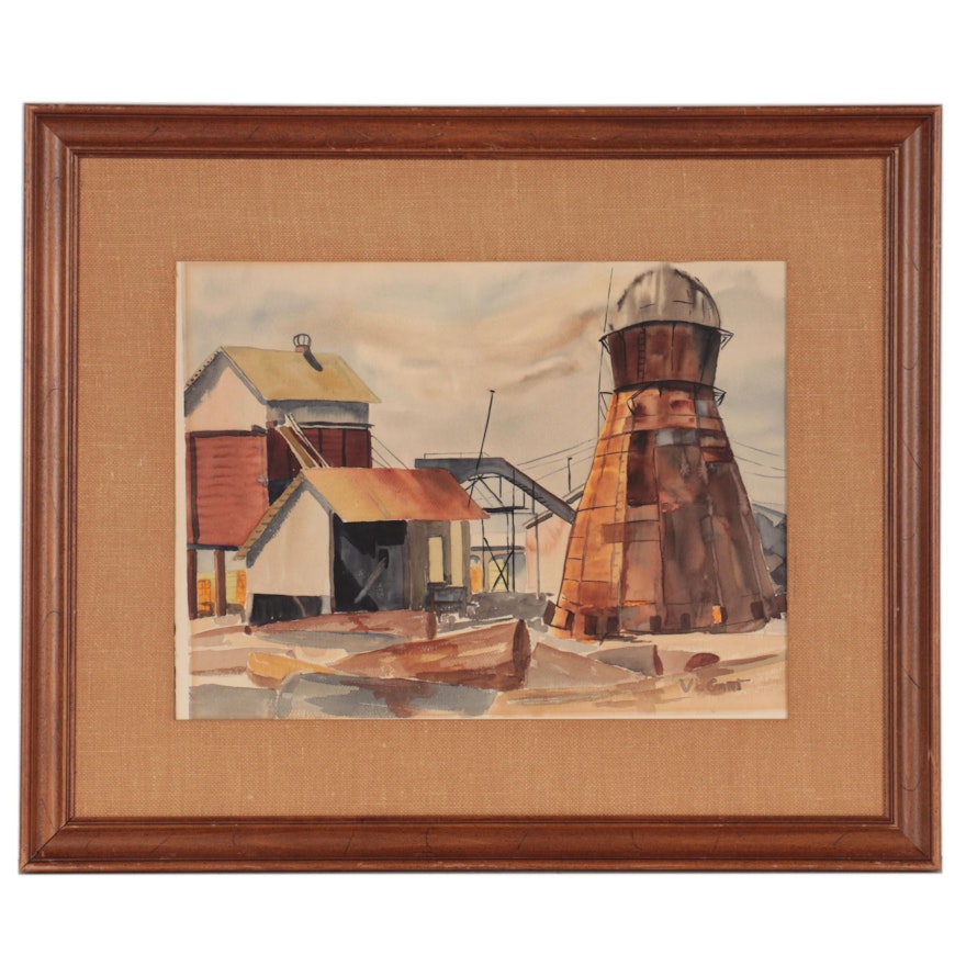 V.L. Gant Watercolor Painting of Industrial Buildings, Late 20th Century