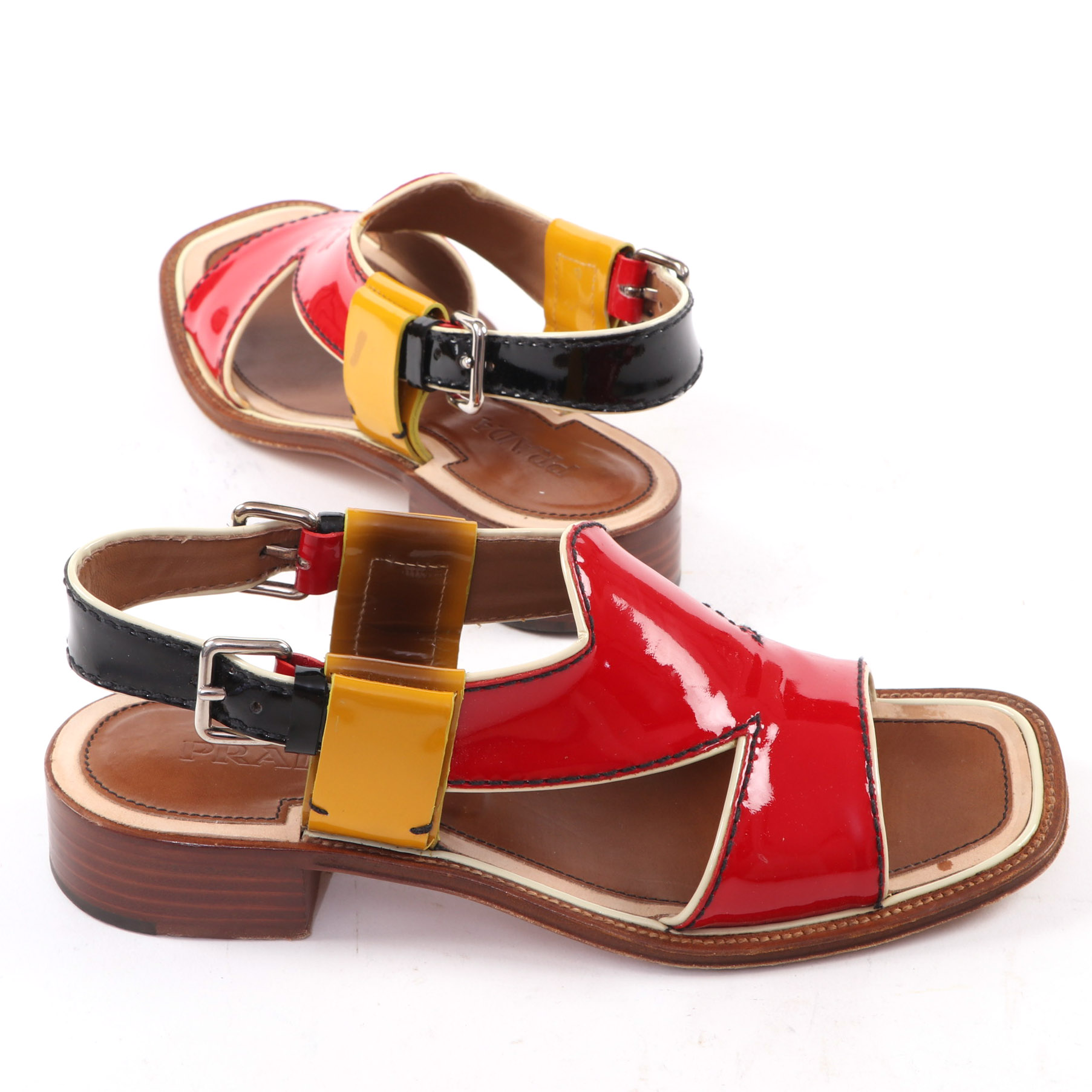 Prada Multicolor Patent Leather Low-Heeled Sandals with Box