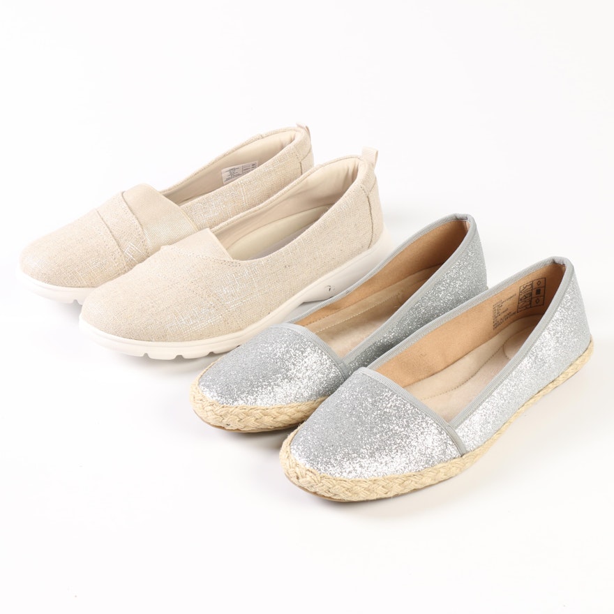 Lands' End Gatas Slip-Ons in Neutral and Devi Flat Espadrilles in Silver