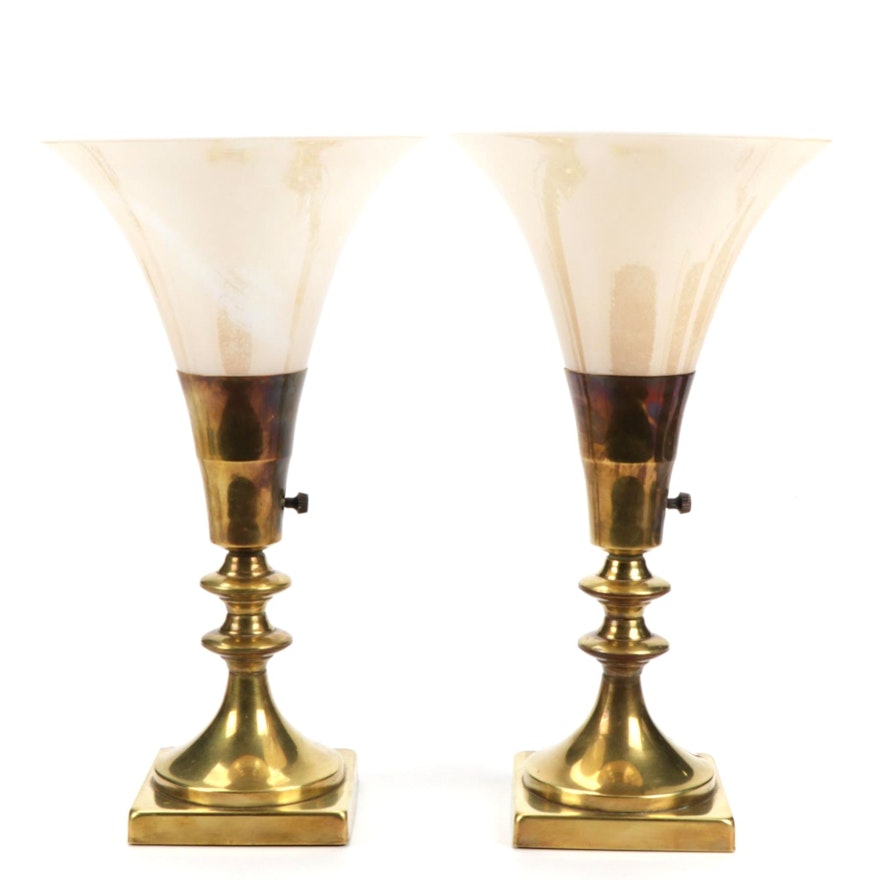 Brass and Slag Glass Torchiere Boudoir Lamps