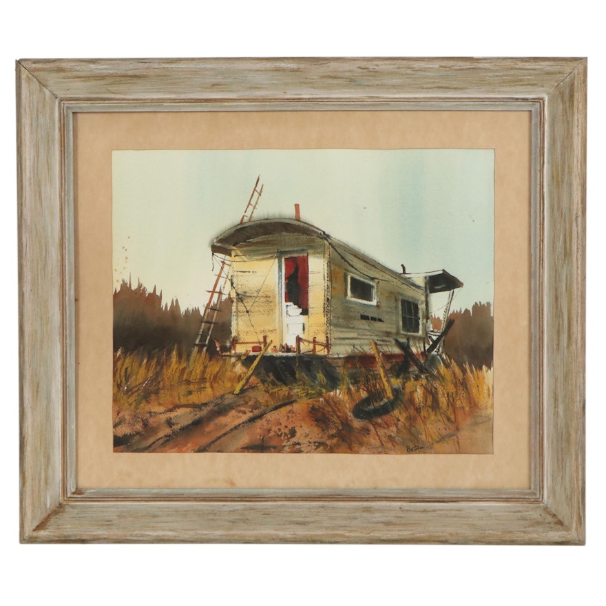 Betty Stroppel Landscape Watercolor Painting of Trailer, Mid-20th Century