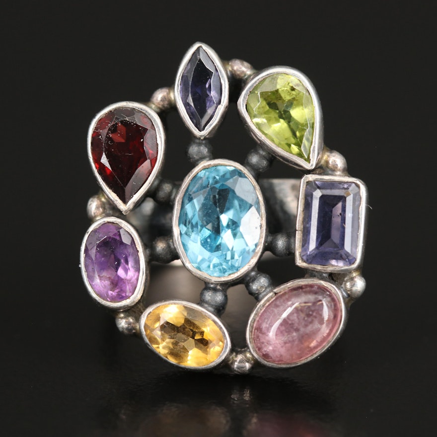 Sterling Bezel Set Cluster Ring with Topaz, Amethyst and Garnet