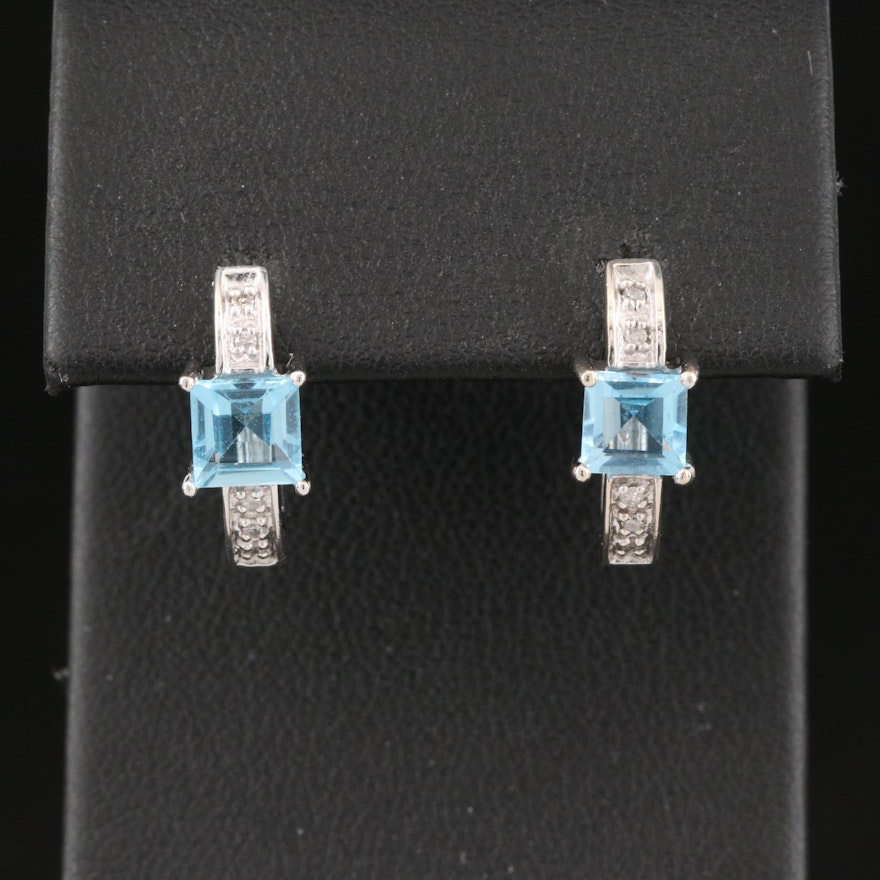 10K Sky Blue Topaz and Diamond J Hoop Earrings