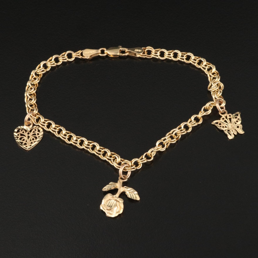 10K Double Link Charm Bracelet Featuring Rose, Heart and Butterfly