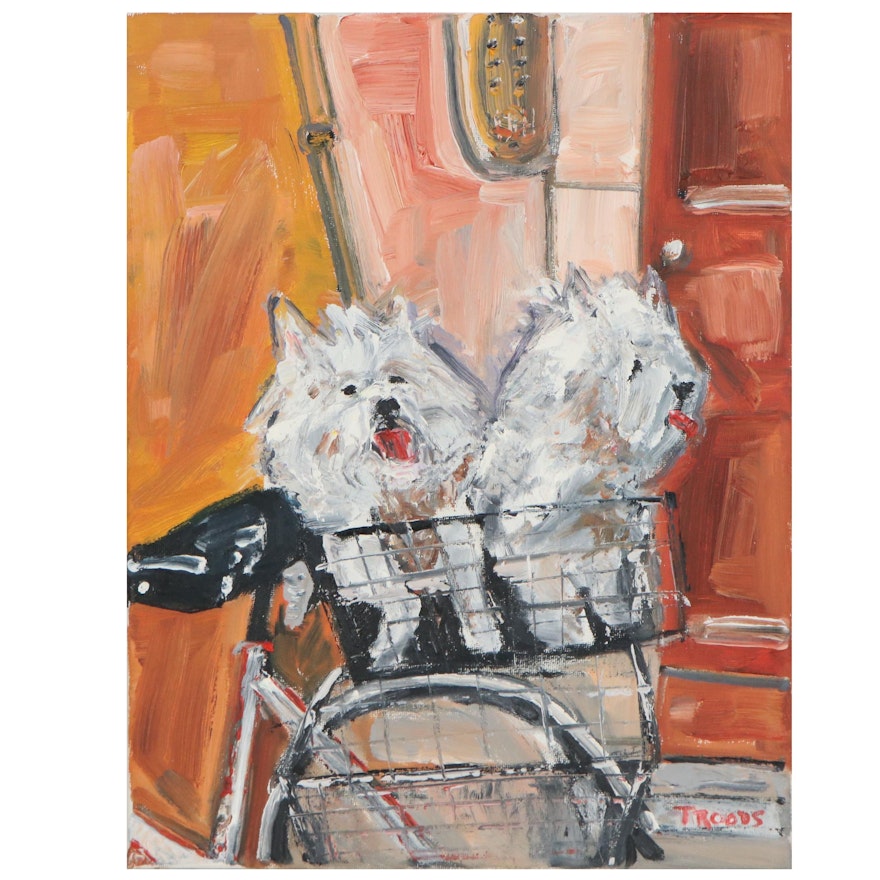 Patricia Nolan-Brown Oil Painting "Two Dogs and a Bike"