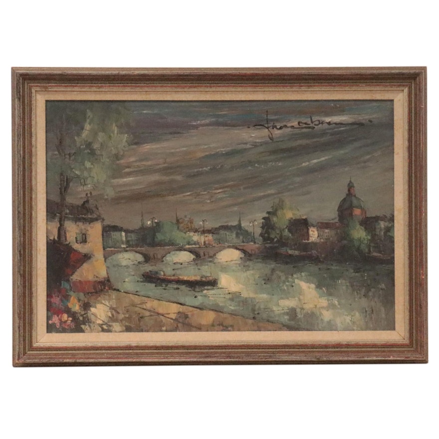 Landscape Oil Painting of Village Scene With Storm Clouds, Late 20th Century